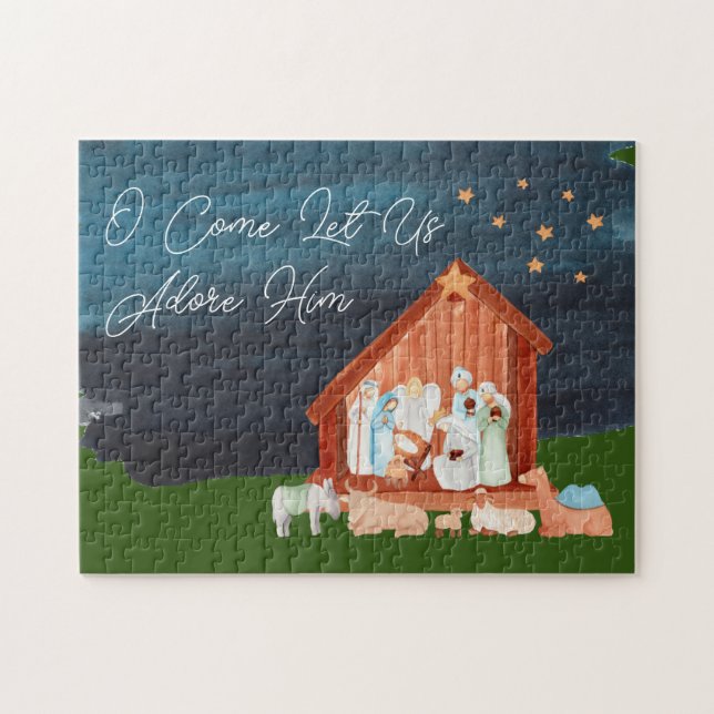 Watercolor Nativity Adore Him Religious Christmas  Jigsaw Puzzle (Horizontal)
