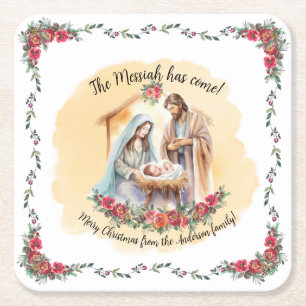 Watercolor nativity and roses customizable napkins square paper coaster