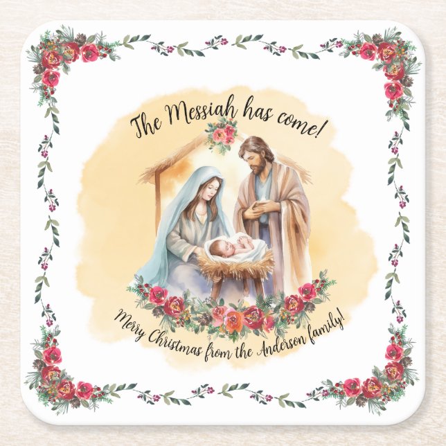 Watercolor nativity and roses customizable napkins square paper coaster (Front)