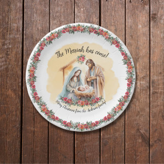 Watercolor nativity and roses customizable paper plate
