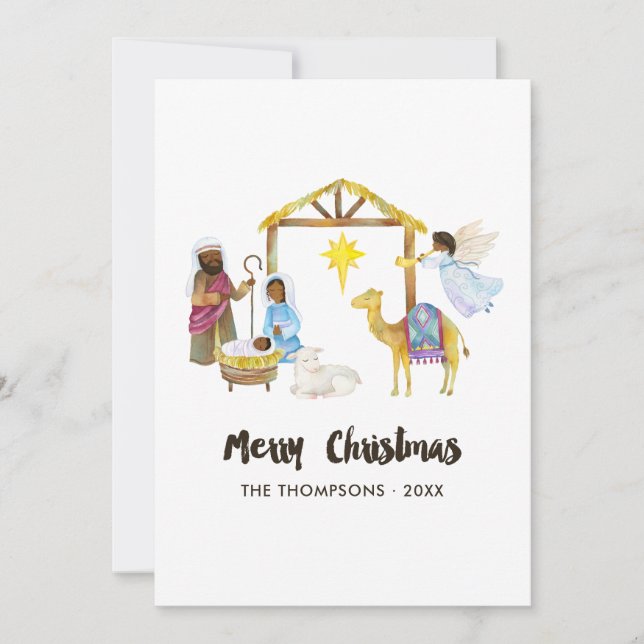 Watercolor Nativity Christmas Photo Holiday Card (Front)