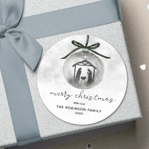 Watercolor Nativity Grey Ornament Merry Christmas  Classic Round Sticker