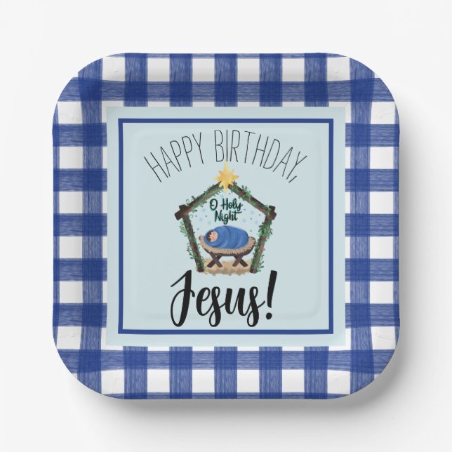 Watercolor Nativity Happy Birthday Jesus  Paper Pl Paper Plate (Front)