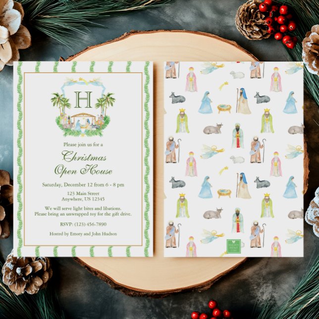 Watercolor Nativity Monogram Crest Christmas Invitation (Creator Uploaded)