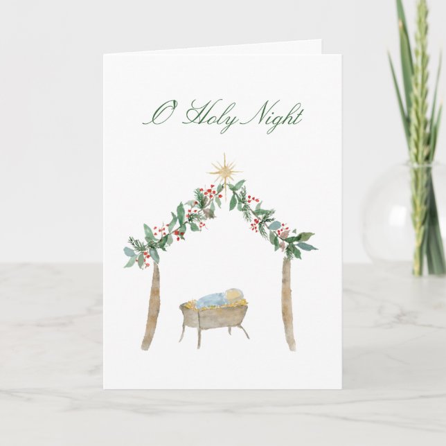 Watercolor Nativity O Holy Night Holiday Card (Front)