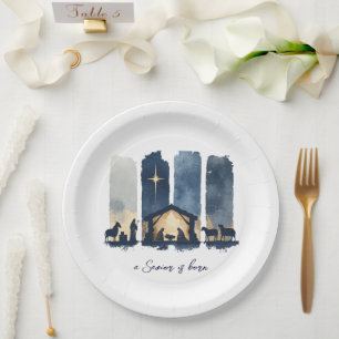 Watercolor Nativity Scene a Savior is Born Holiday Paper Plate