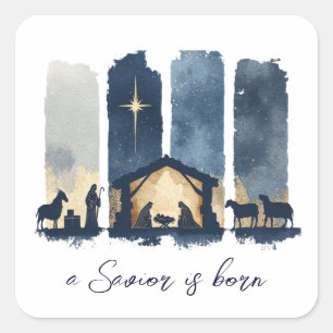 Watercolor Nativity Scene a Savior is Born Holiday Square Sticker