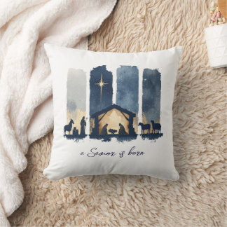Watercolor Nativity Scene Religious Holiday Throw Pillow