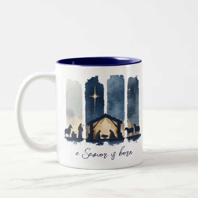 Watercolor Nativity Scene Religious Holiday  Two-Tone Coffee Mug (Left)