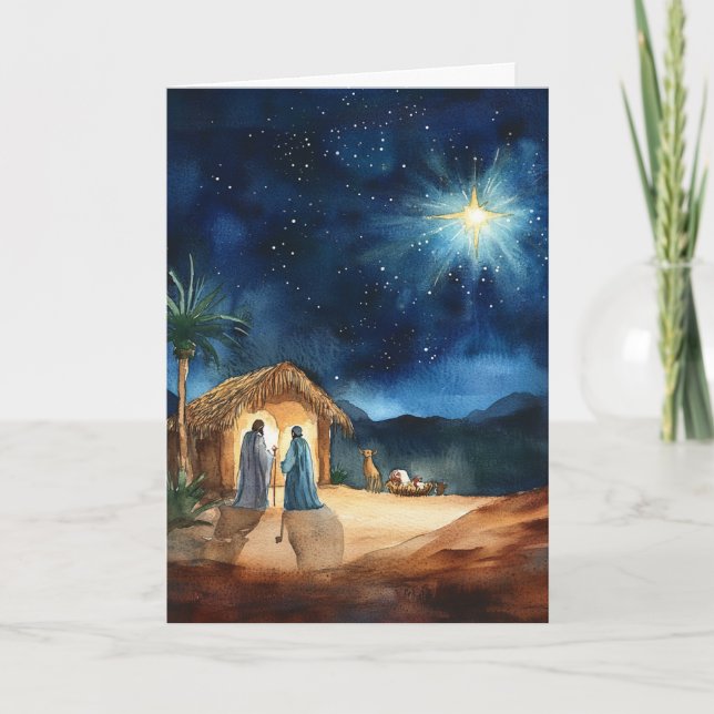 Watercolor Nativity with Guiding Christmas Star Card (Front)