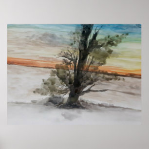 Watercolor Natural Sunset Landscape Painting Poster
