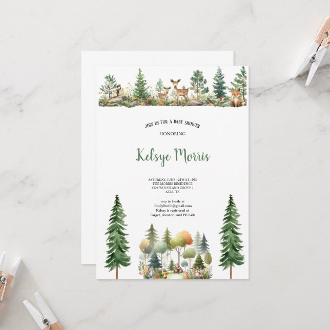  WATERCOLOR NATURAL  Woodland FOREST BabySHOWER  Invitation (Front/Back In Situ)