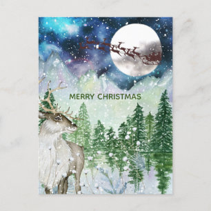 Watercolor Nature Christmas Santa Reindeer Deer  Postcard