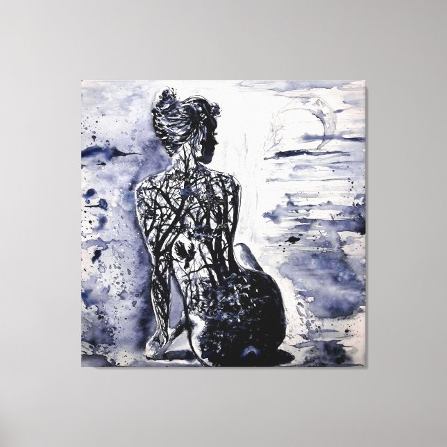 Watercolor - Nature Lady - Black & White Canvas Print (Front)