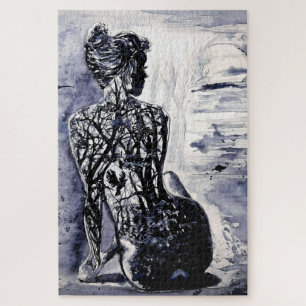 Watercolor - Nature Lady - Black & White - Jigsaw Puzzle