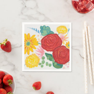 Watercolor Nature Red Rose Yellow Daisy Floral  Napkin
