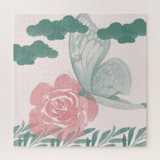 Watercolor Nature Themed With Teal And Pink Flower Jigsaw Puzzle