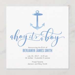 Watercolor Nautical Anchor Baby Boy Announcement