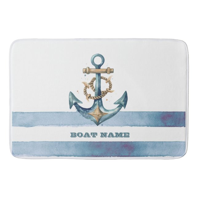 Watercolor Nautical Anchor Light Blue Stripes Bath Mat (Front)