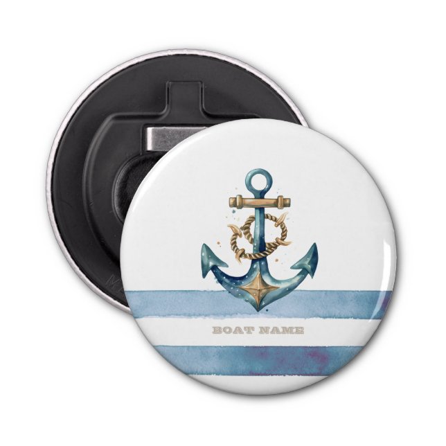 Watercolor Nautical Anchor Light Blue Stripes Bottle Opener (Front)