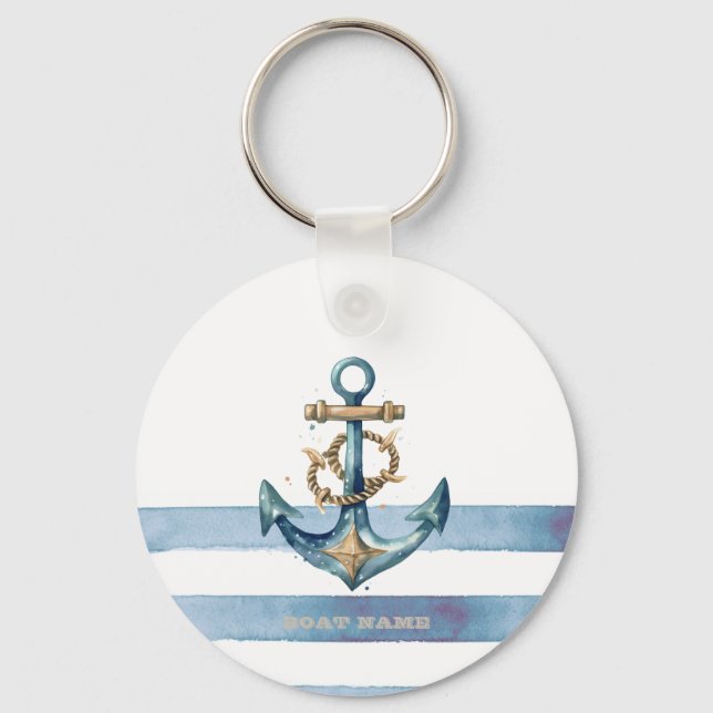 Watercolor Nautical Anchor Light Blue Stripes Keychain (Front)