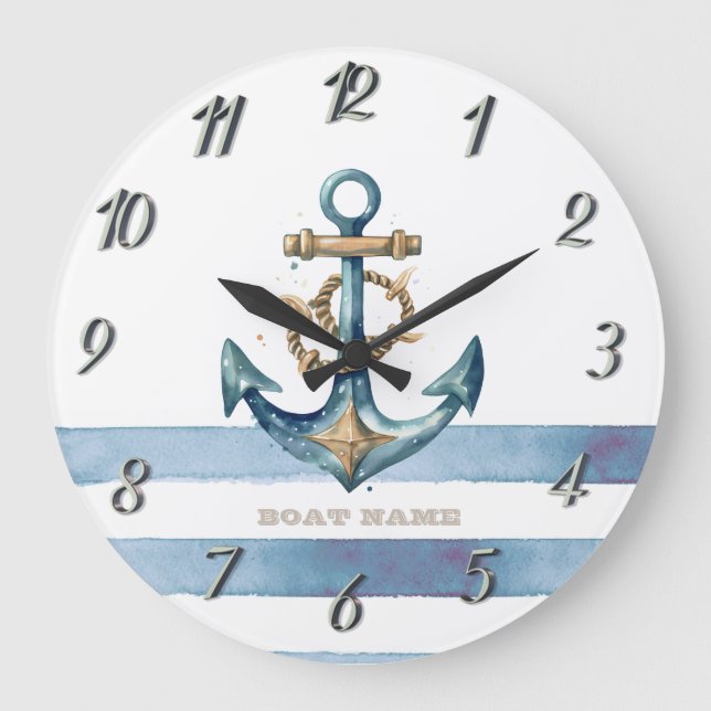 Watercolor Nautical Anchor Light Blue Stripes Large Clock (Front)