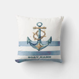 Watercolor Nautical Anchor Light Blue Stripes Throw Pillow