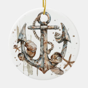 WATERCOLOR NAUTICAL ANCHOR WITH SEASHELLS CERAMIC ORNAMENT