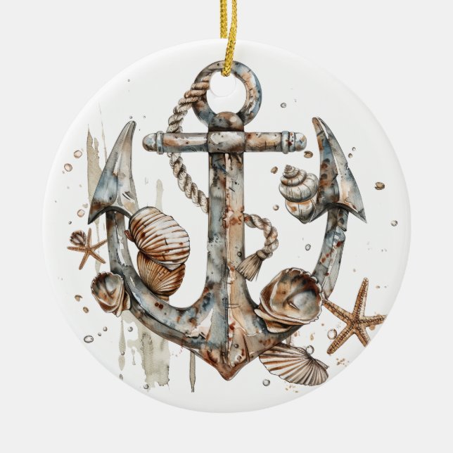 WATERCOLOR NAUTICAL ANCHOR WITH SEASHELLS CERAMIC ORNAMENT (Front)