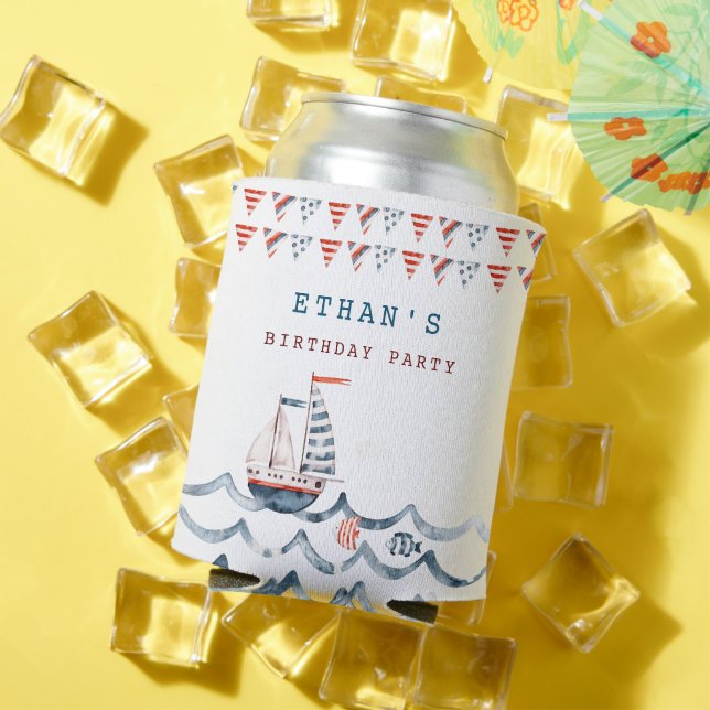 Watercolor Nautical Birthday Party Can Cooler (In Situ Summer)