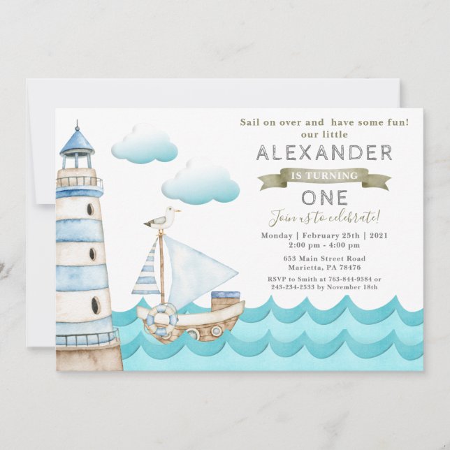 Watercolor Nautical Birthday Party Invitation (Front)