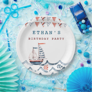 Watercolor nautical birthday party monogram paper plate