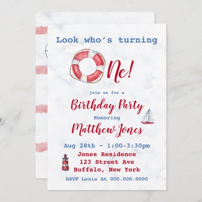 Watercolor Nautical Boy 1st Birthday Party Invites (Front/Back)