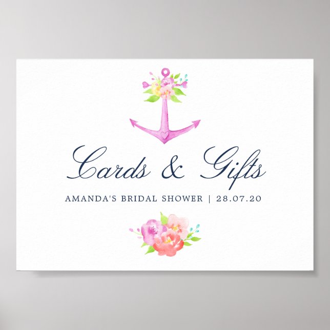 Watercolor Nautical Bridal Shower Cards and Gifts Poster (Front)