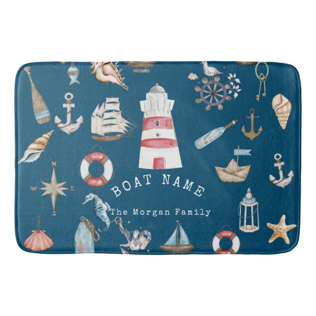 Watercolor Nautical Elements Blue Bath Mat (Front)