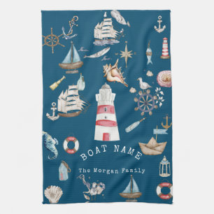 Watercolor Nautical Elements Blue Kitchen Towel