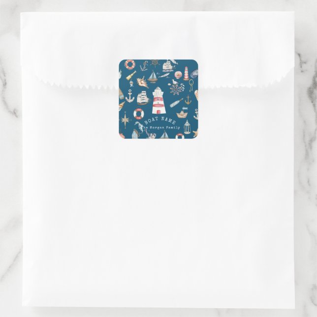 Watercolor Nautical Elements Blue Square Sticker (Bag)