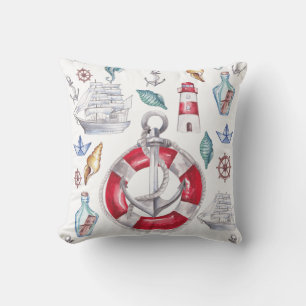 Watercolor Nautical elements Red Stripes Throw Pillow