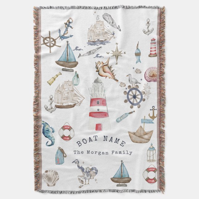 Watercolor Nautical Elements Sailor Throw Blanket (Front Vertical)