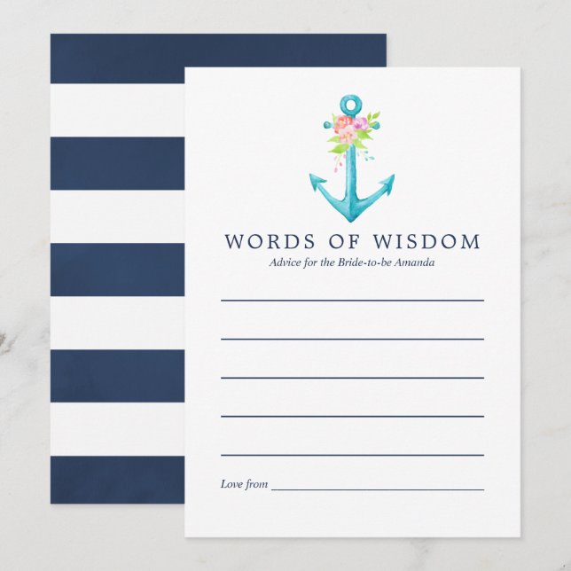 Watercolor Nautical Floral Bridal Shower Advice Invitation (Front/Back)