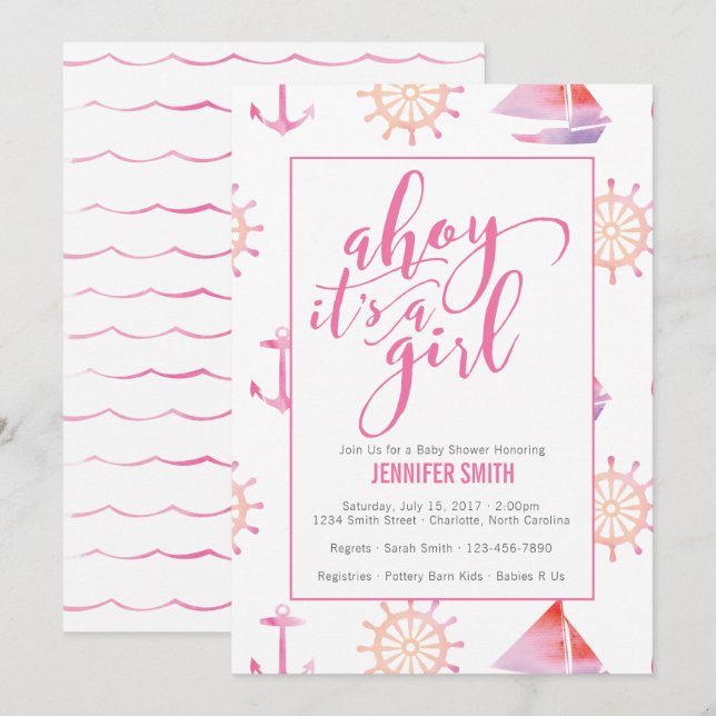 Watercolor Nautical Girl Baby Shower Invitation (Front/Back)