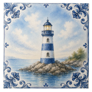 Watercolor Nautical Lighthouse Ceramic Tile