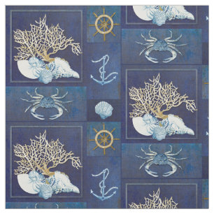 Watercolor Nautical Ocean Coral Anchor Shells Blue Fabric