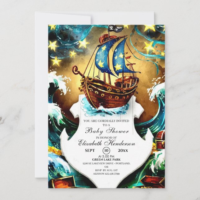 Watercolor Nautical Pirate Baby Shower Invitation (Front)