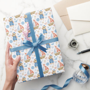 Watercolor Nautical Sailboat Sailor Bear Wrapping Paper