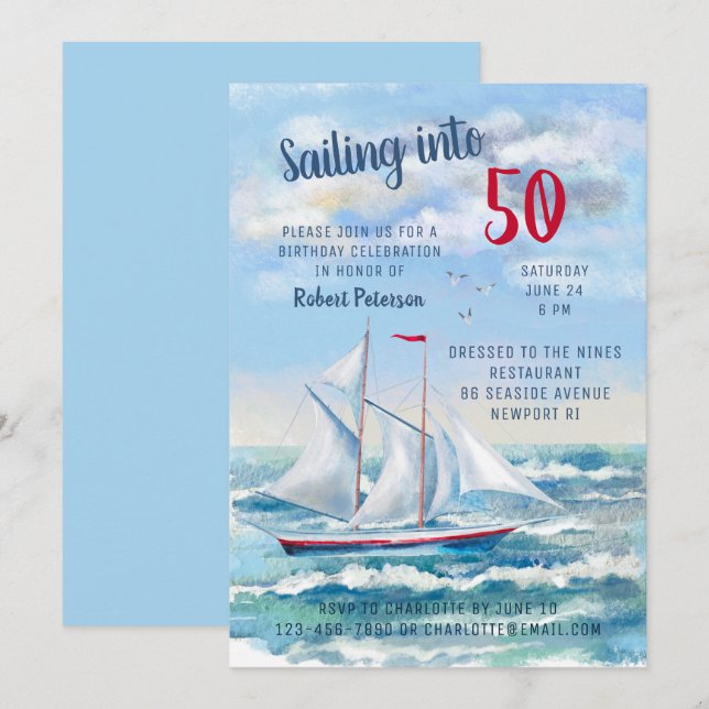 Watercolor Nautical Sailing Yacht 50th Birthday Invitation (Front/Back)