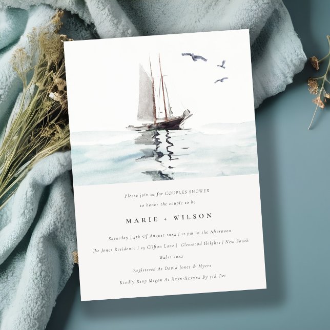 Watercolor Nautical Sailing Yacht Couples Shower Invitation (Creator Uploaded)