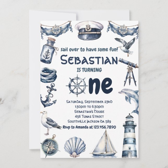 Watercolor Nautical Sailor Boys 1st Birthday Invitation (Front)