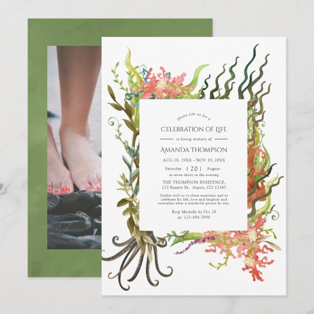 Watercolor Nautical Seaweed Celebration of Life Invitation (Front/Back)