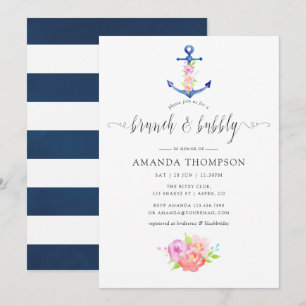 Watercolor Nautical Theme Floral Brunch and Bubbly Invitation